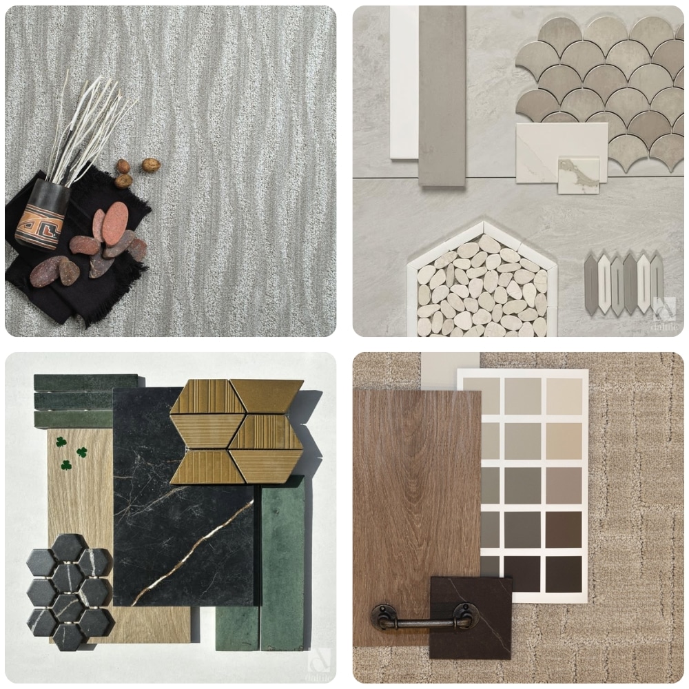 A collage of four flat lays showing various tile, stone, and wood samples, along with paint swatches and hardware, arranged for interior design inspiration.